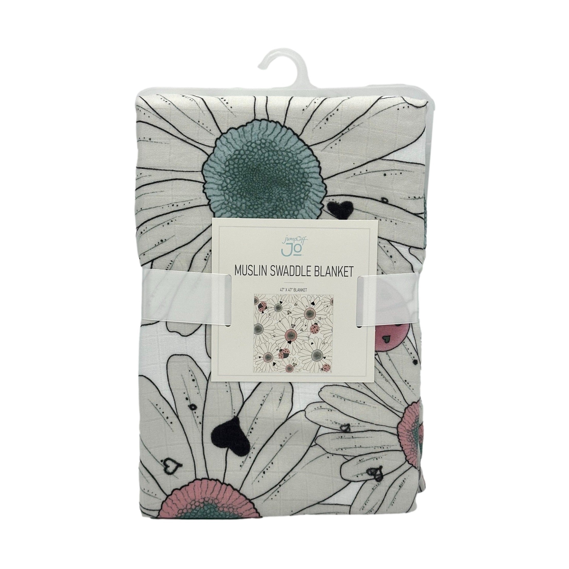 Packaged floral print muslin swaddle blanket with a white hanger.